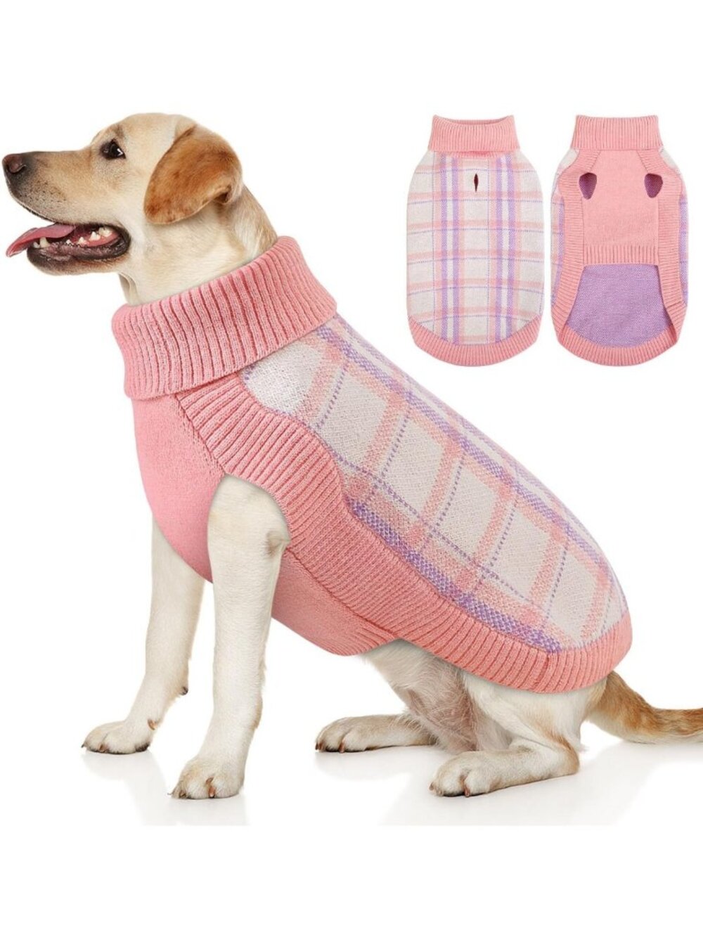 Cozy Pink Plaid Christmas Sweater for Large Dogs - Festive Holiday Pet Apparel